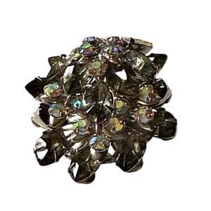 Vintage CATHE Dark Silver Tone Smoky & Clear Rhinestone Flower Spray Brooch Pin